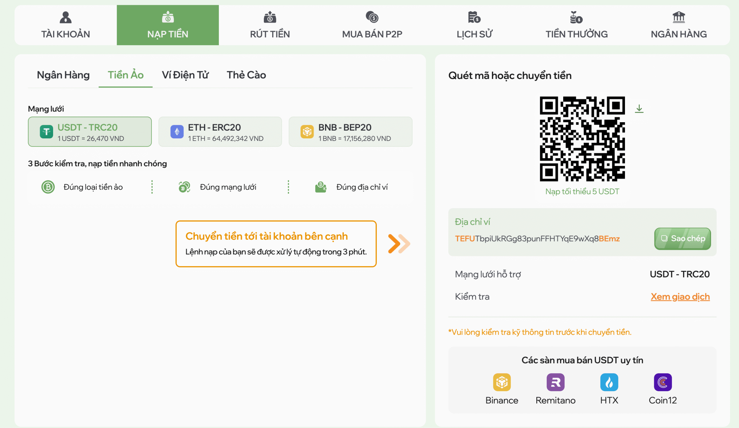 Nạp tiền qua sàn giao dịch tiền ảo (USDT)